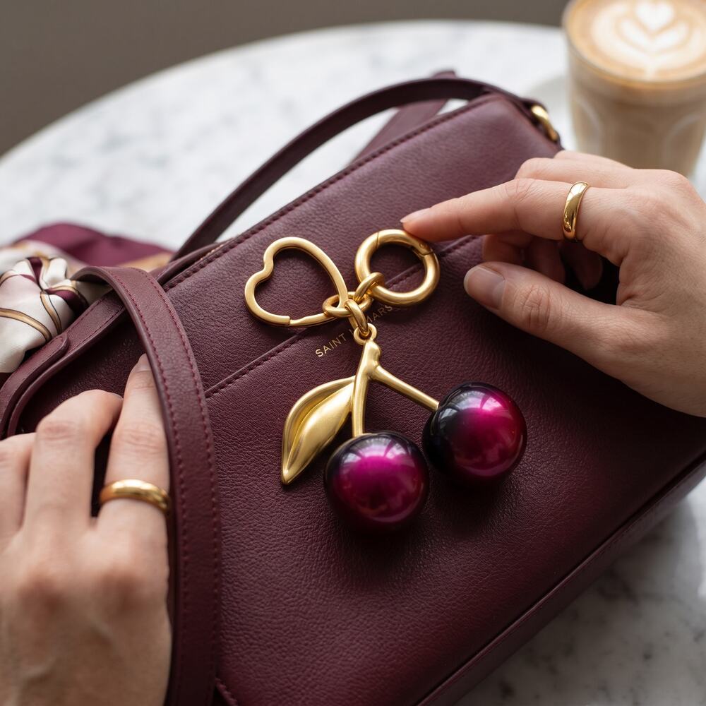 Cherry Keychain Bag Charm Purple Black Ombre Cherries Gold Tone